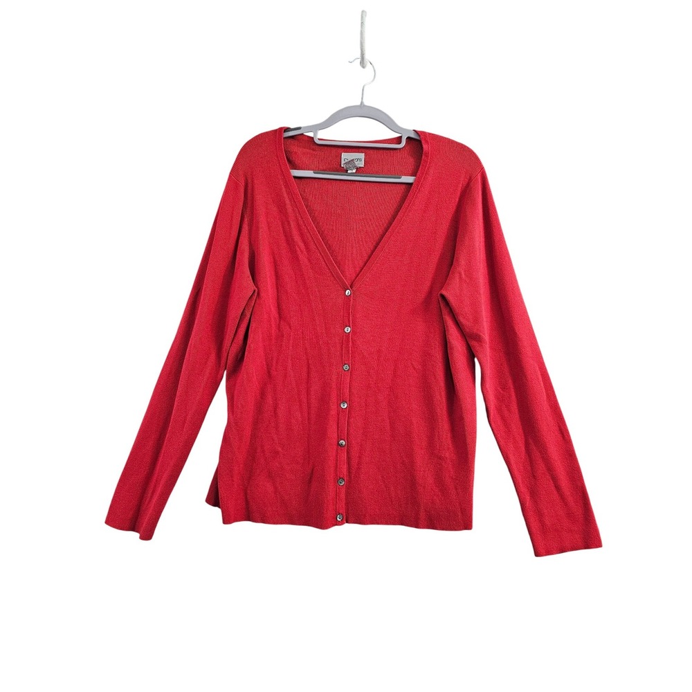 Chico's Cardigan Sweater Women Size 2 L Red Preppy V-Neck Button Front Rayon EUC